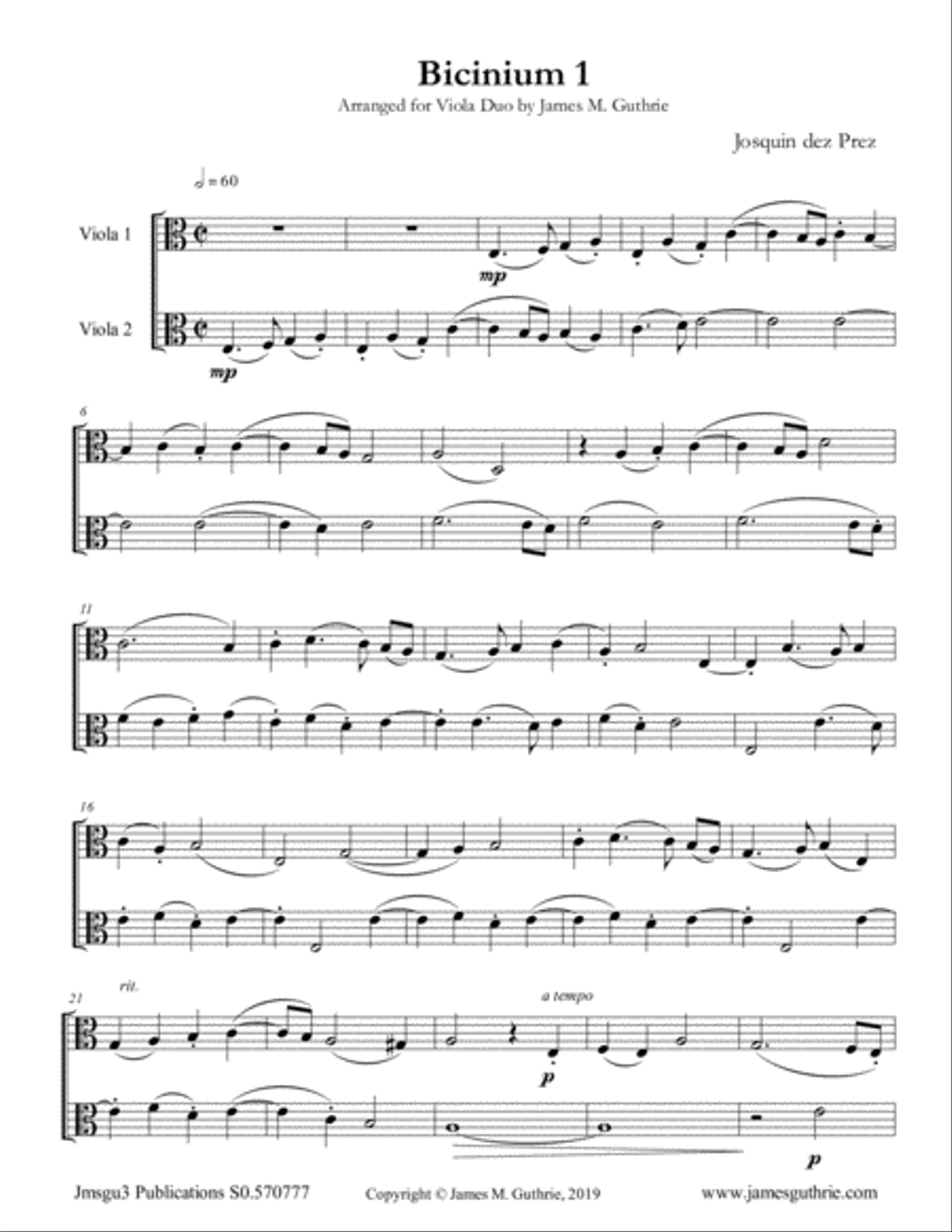 Josquin: Bicinium 1 for Viola Duo String Duet scores gallery preview page 1