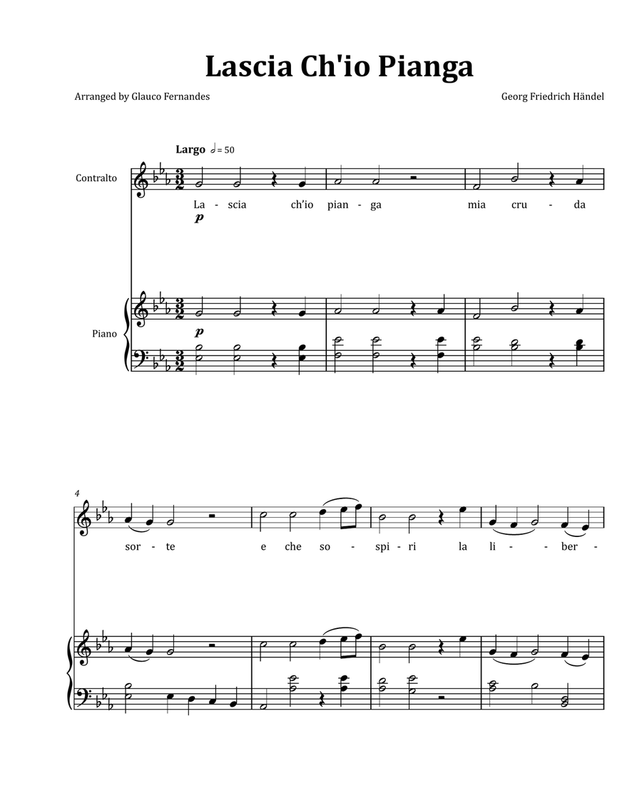 Lascia Ch'io Pianga by Händel - Contralto & Piano in E-flat Major Chamber Music scores gallery preview page 1