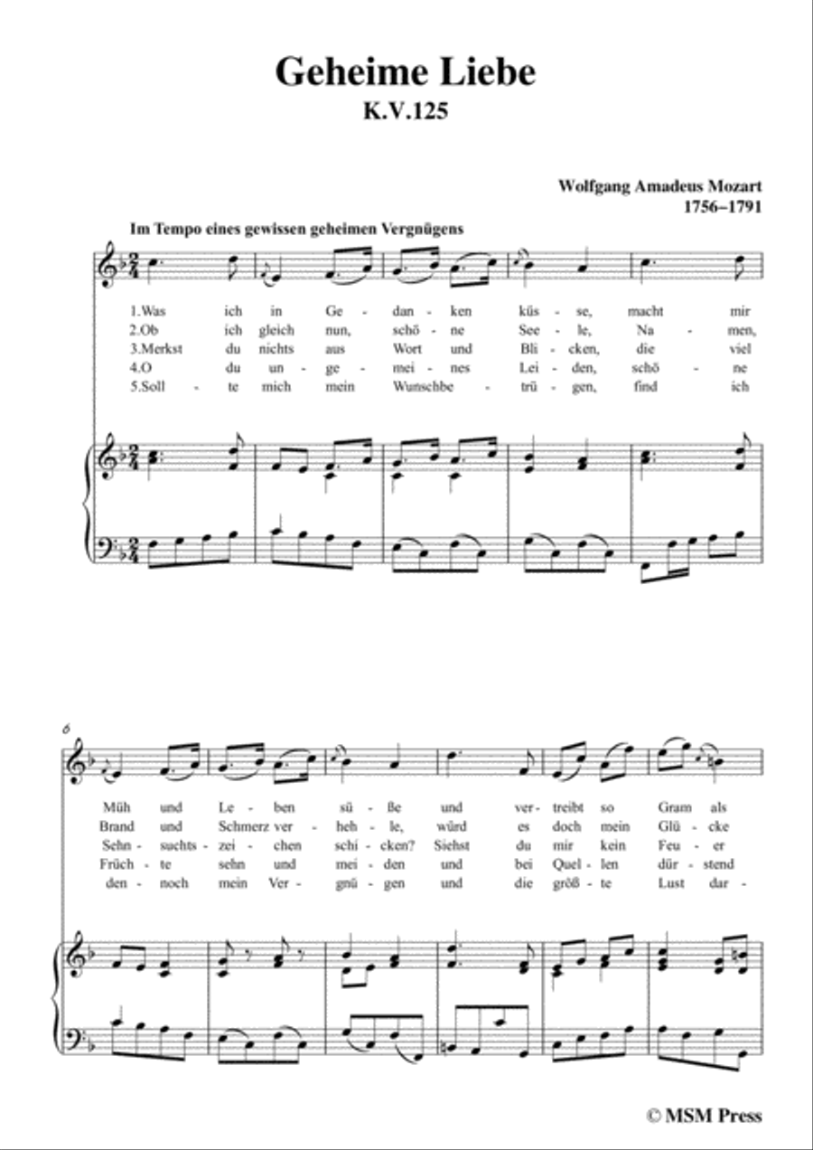 Mozart-Geheime Liebe,in F Major,for Voice and Piano Voice Solo scores gallery preview page 3