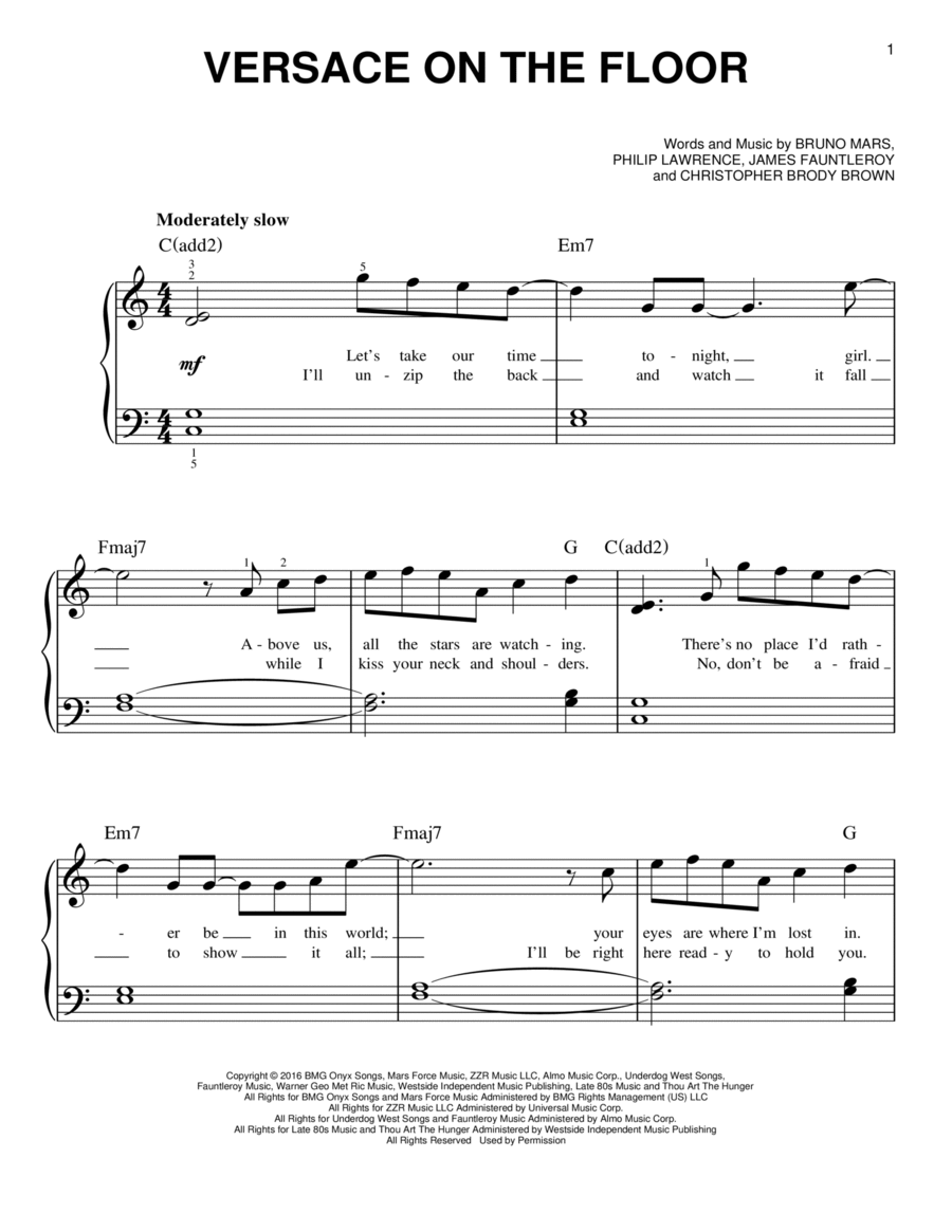 Versace On The Floor Versace On The Floor Easy Piano scores gallery preview page 1