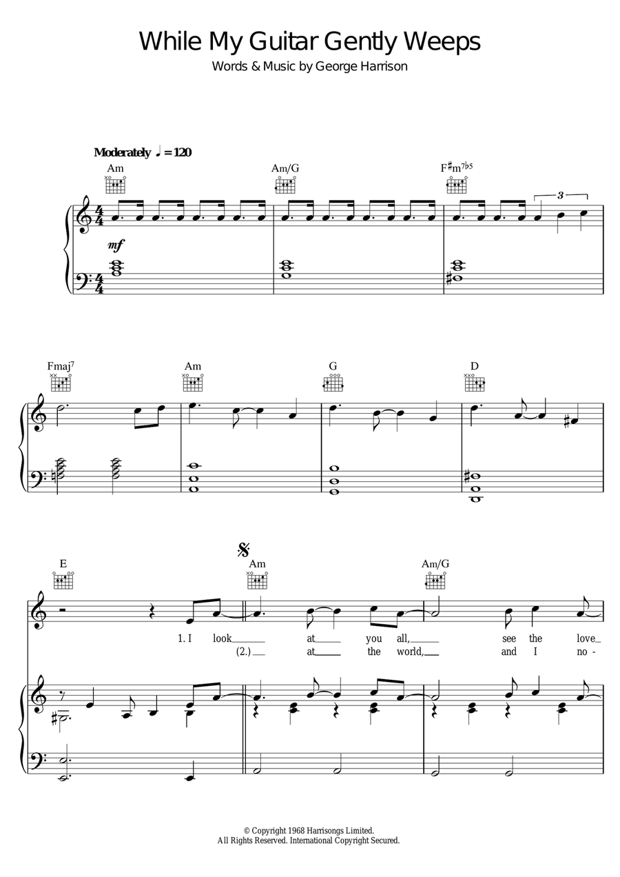While My Guitar Gently Weeps Piano, Vocal, Guitar scores gallery preview page 1