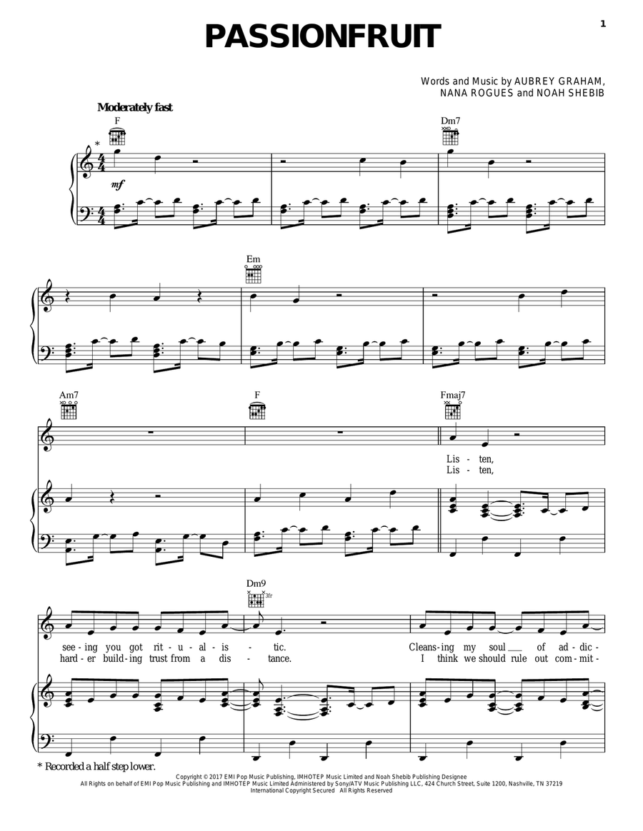 Passionfruit Piano, Vocal, Guitar scores gallery preview page 1