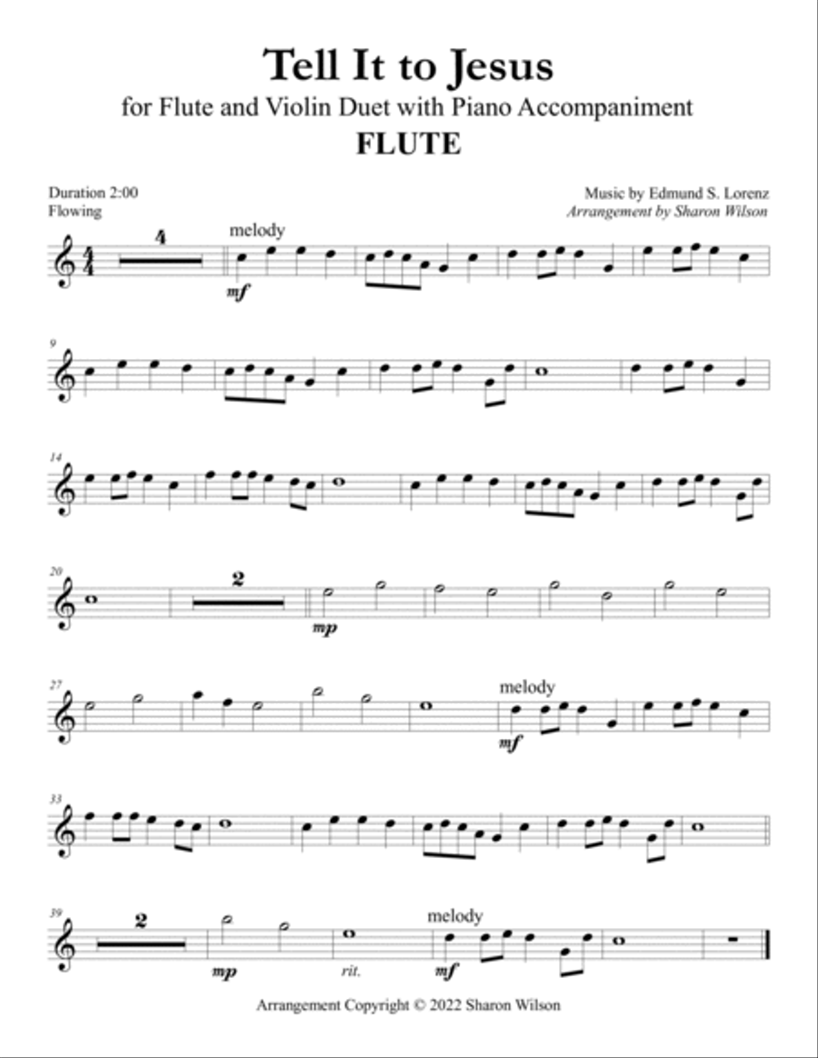 Tell It to Jesus (Easy Flute and/or Violin Duet with Piano Accompaniment) Flute scores gallery preview page 3