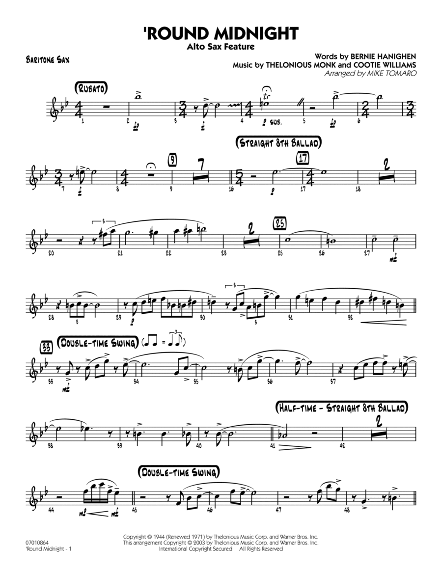 'Round Midnight (arr. Mike Tomaro) - Baritone Sax Jazz Ensemble scores gallery preview page 1