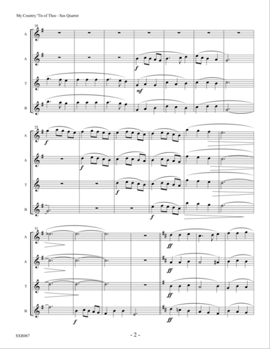 MY COUNTRY TIS OF THEE - AATB SAXOPHONE QUARTET (unaccompanied) Saxophone Quartet scores gallery preview page 2