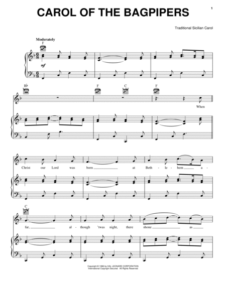 Carol Of The Bagpipers by Traditional Piano, Vocal, Guitar - Digital Sheet Music