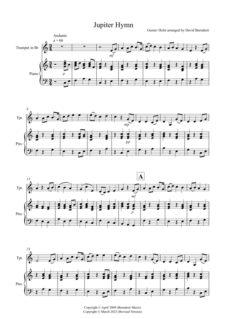 Jupiter Hymn for Trumpet and Piano Jupiter Hymn for Trumpet and Piano B-Flat Trumpet scores gallery preview page 1