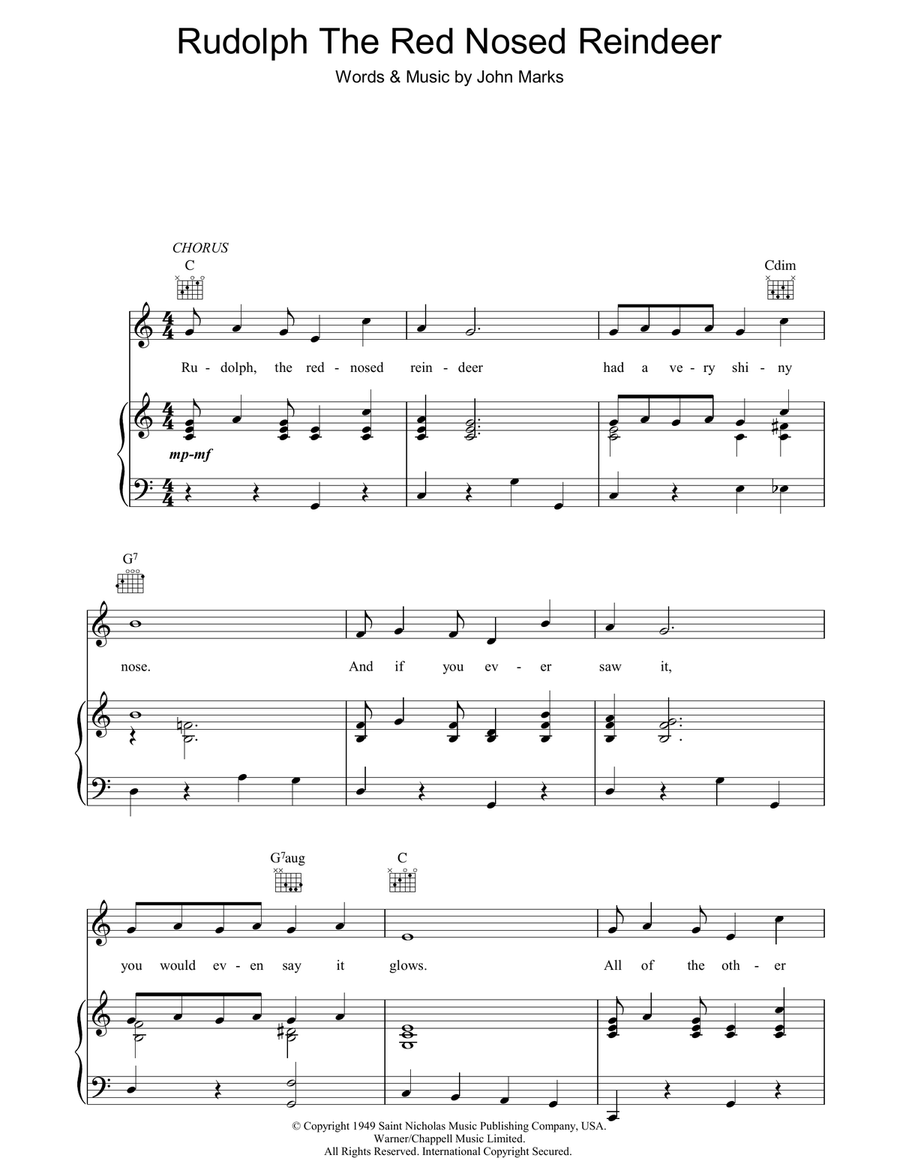 Rudolph The Red-Nosed Reindeer Piano, Vocal, Guitar scores gallery preview page 1