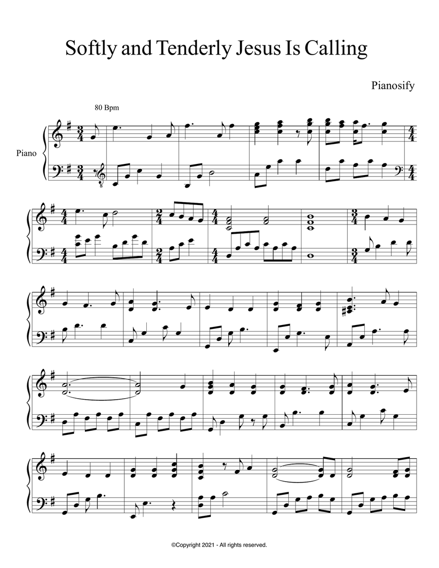 PIANO - Softly and Tenderly Jesus Is Calling (Piano Hymns Sheet Music PDF) Piano Solo scores gallery preview page 1