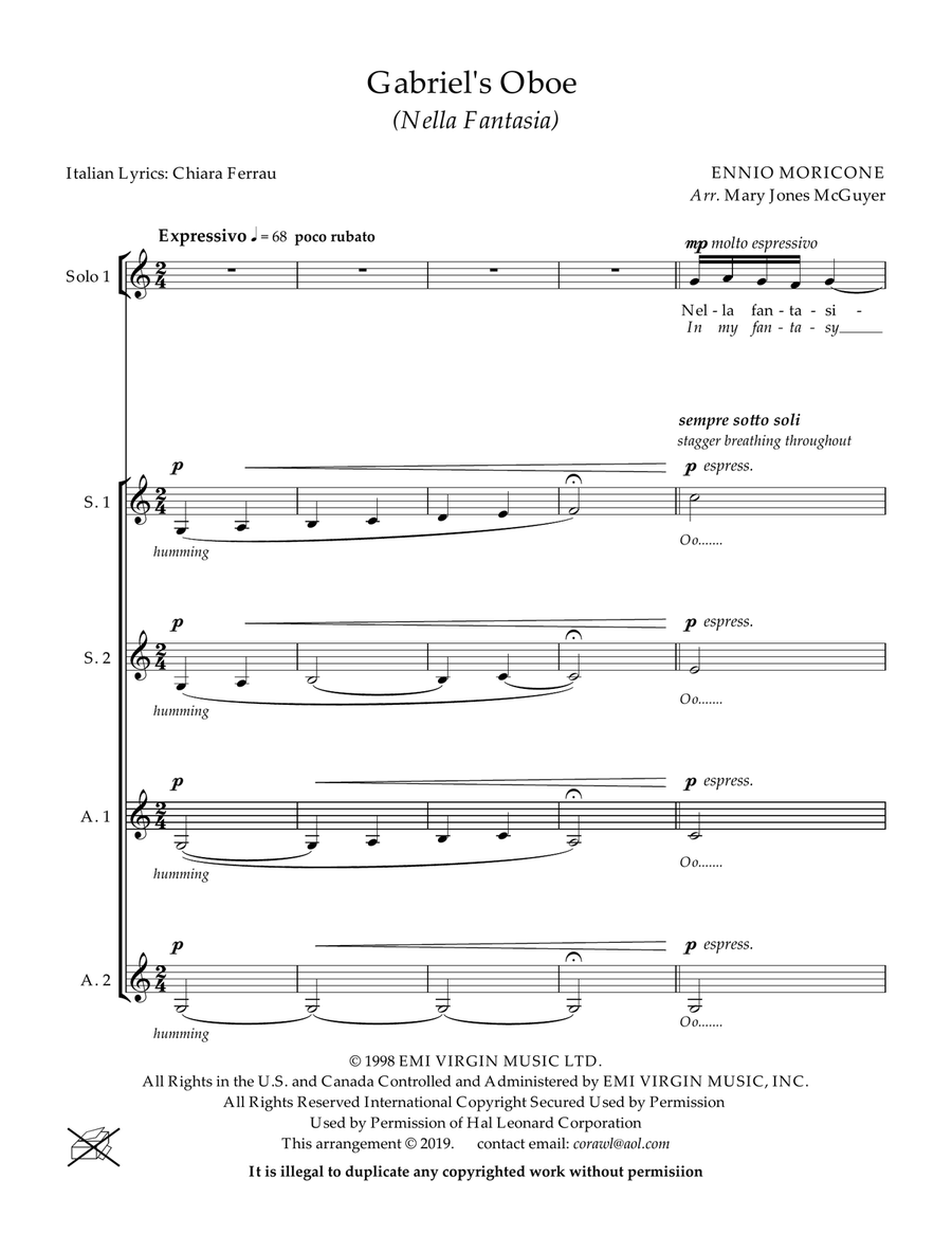 Gabriel's Oboe (Nella Fantasia), for Ladies a cappella (Solo 1, Solo 2, Solo 3, S.S A.A.) SSAA scores gallery preview page 1