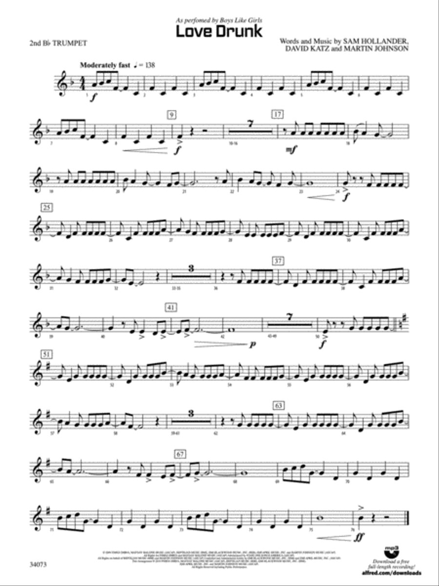 Love Drunk: 2nd B-flat Trumpet Concert Band scores gallery preview page 1