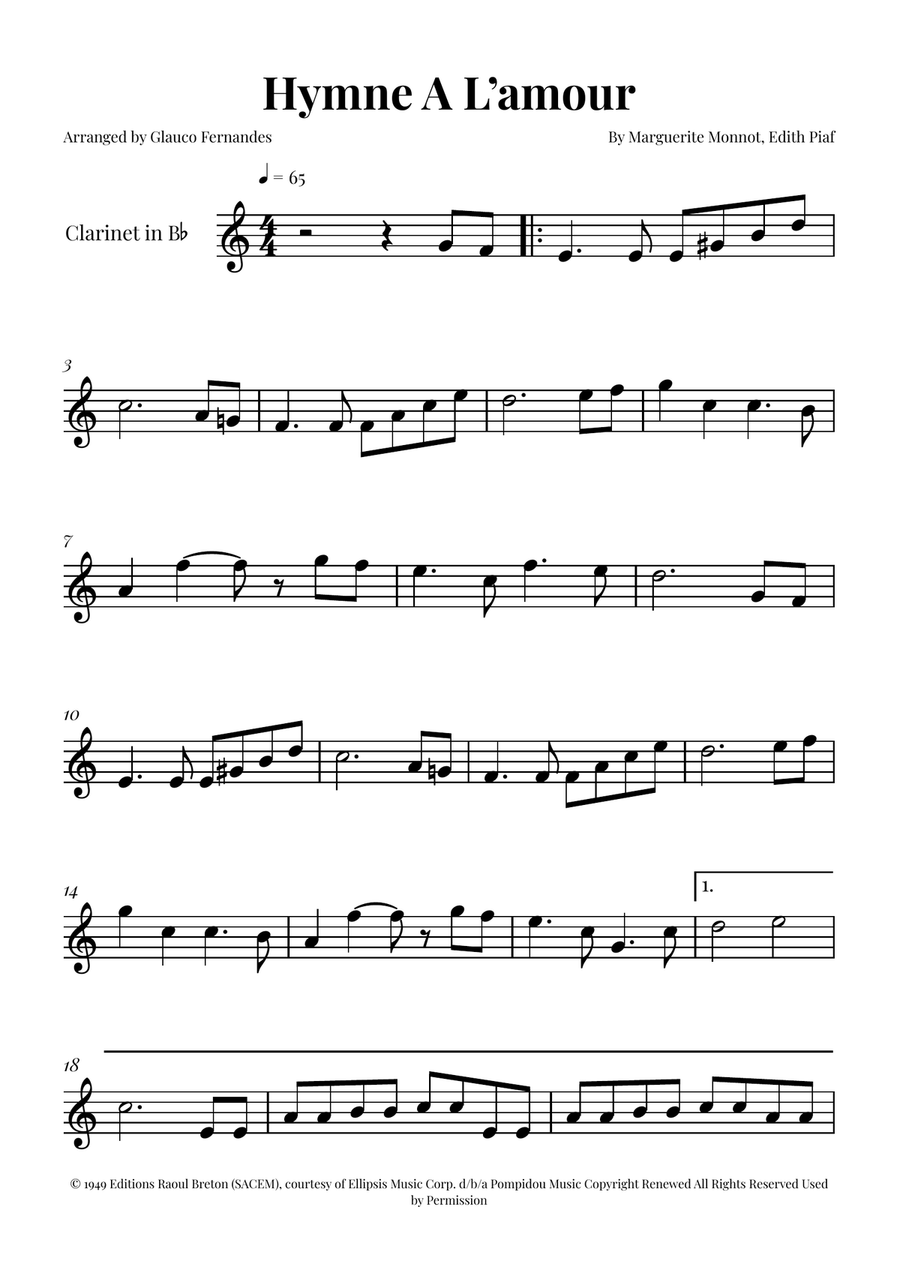 Hymne A L'amour B-Flat Clarinet scores gallery preview page 1