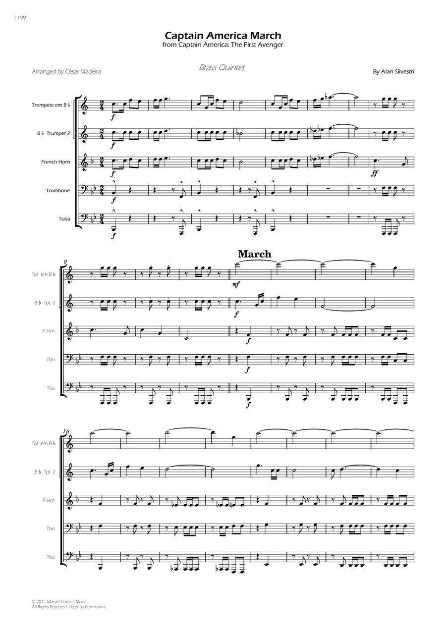 Captain America March - Score Only Brass Quintet scores gallery preview page 1