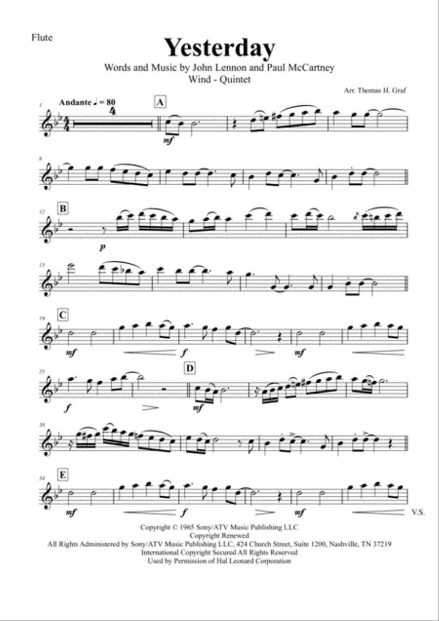 Yesterday Woodwind Quintet scores gallery preview page 4