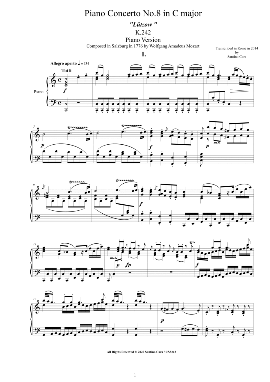 Mozart - Piano Concerto No.8 in C major - Lützow - K.246 - Piano Version Piano Solo scores gallery preview page 1