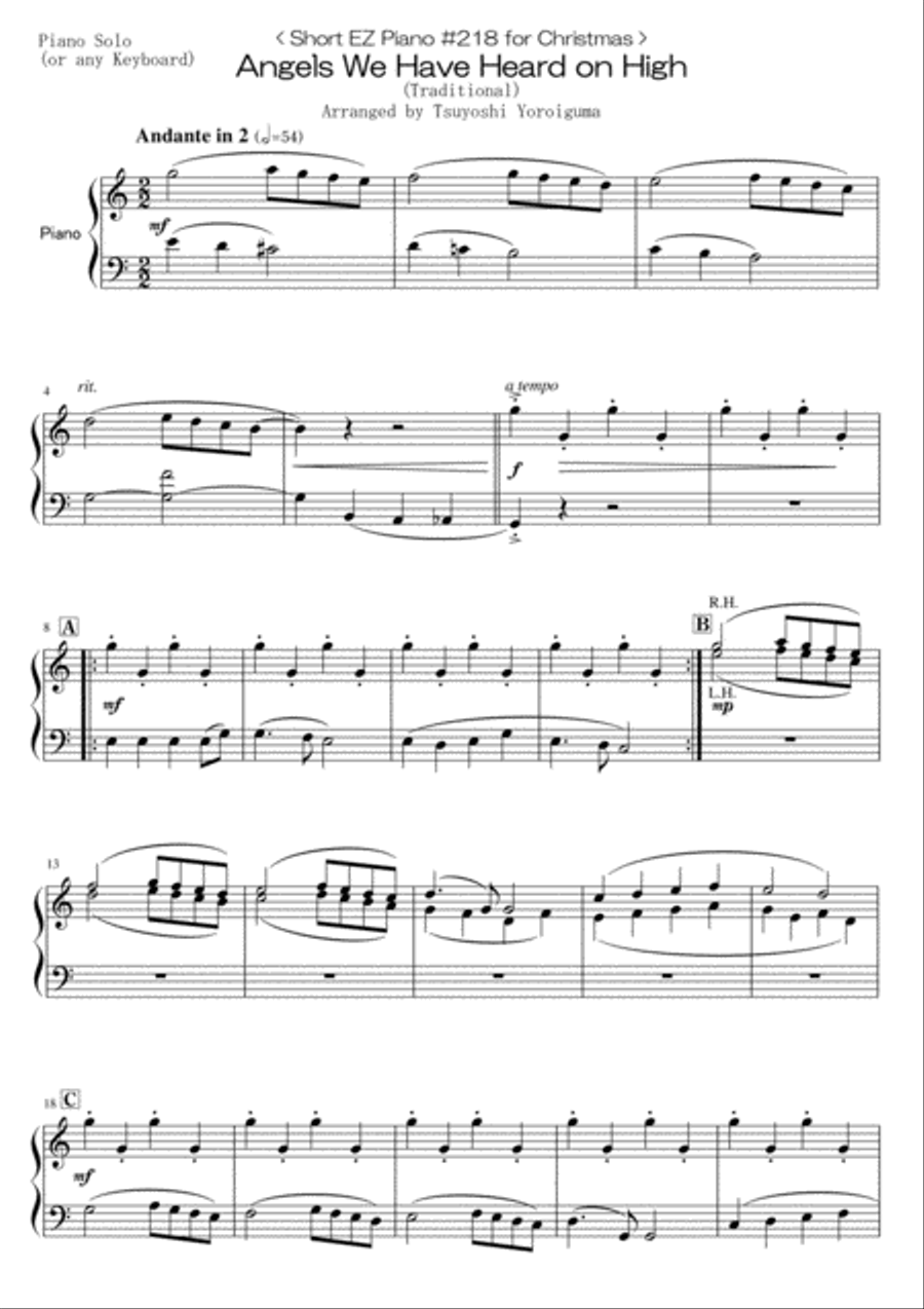 < Short EZ Piano #218 for Christmas > Angels We Have Heard on High Piano Method scores gallery preview page 1