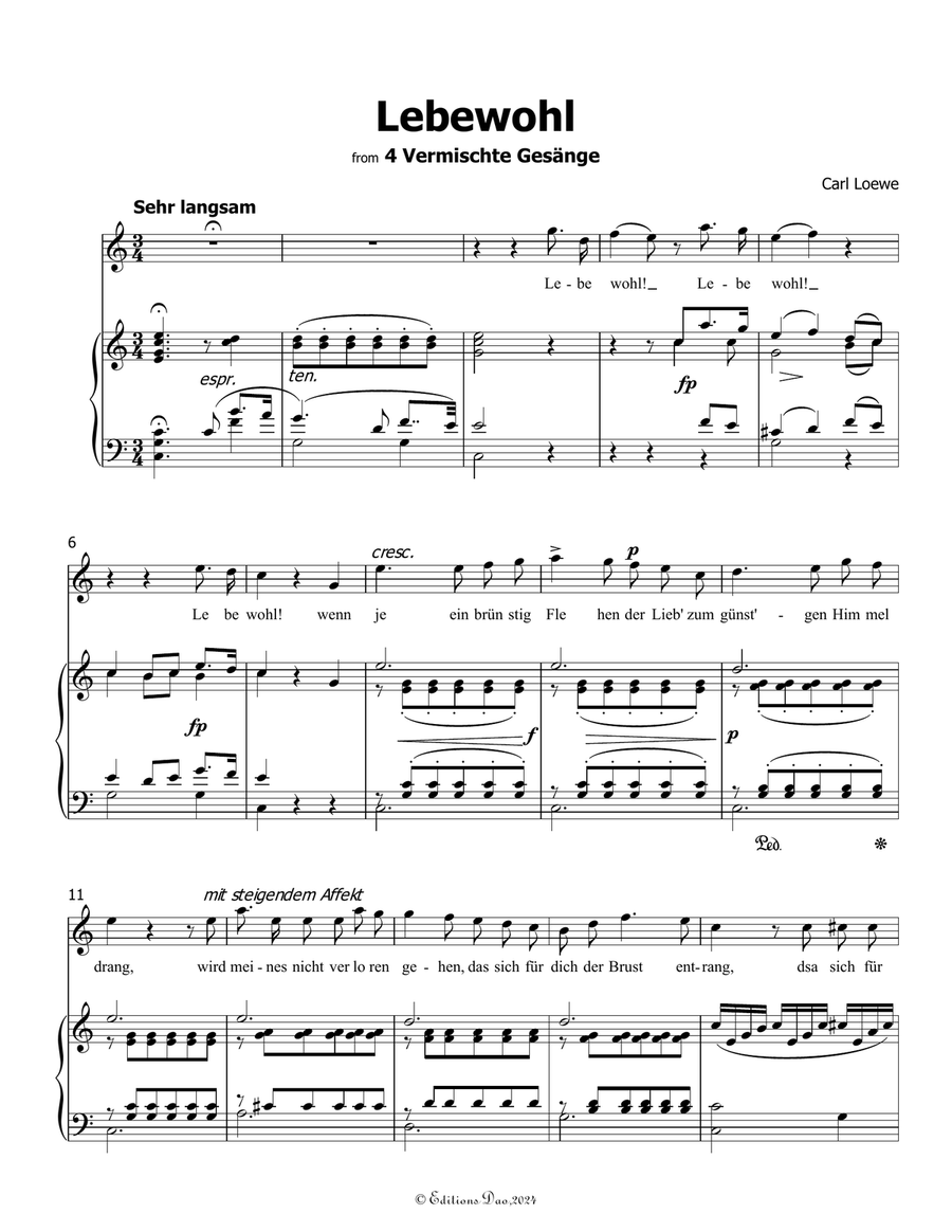 Lebewohl, by Carl Loewe, in C Major Piano, Vocal scores gallery preview page 3