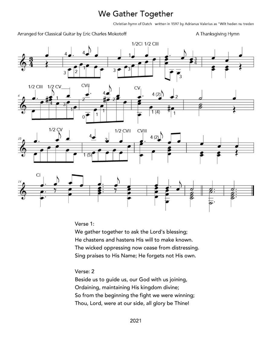 We Gather Together, A Thanksgiving Hymn for Classical Guitar Acoustic Guitar scores gallery preview page 1