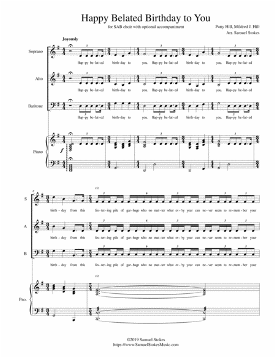 Happy Belated Birthday to You - for SAB choir with optional piano accompaniment 3-Part scores gallery preview page 1