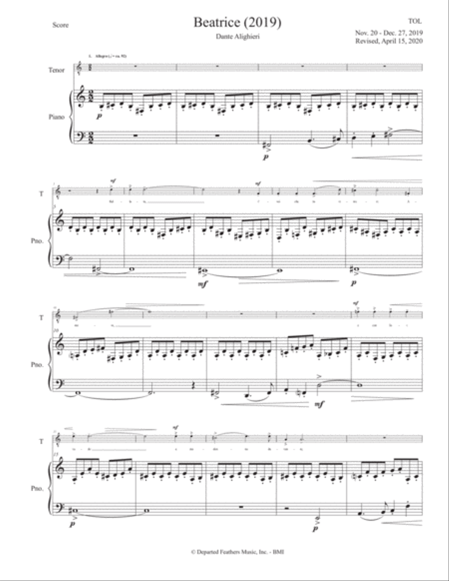 Beatrice (2019) piano-vocal score Tenor Voice scores gallery preview page 1