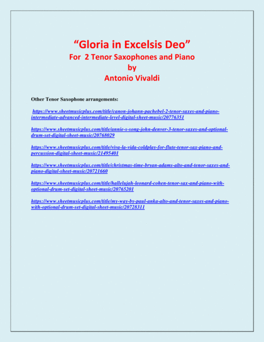 Gloria In Excelsis Deo - 2 Tenor Saxophones and Piano - Advanced Intermediate - Chamber music image number null
