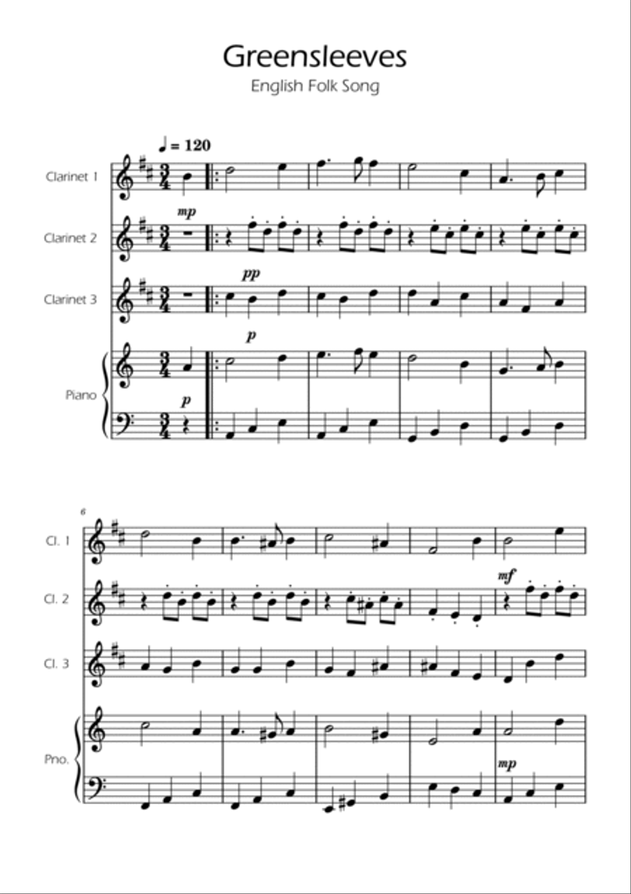 Greensleeves - Clarinet Trio w/ Piano Clarinet Trio scores gallery preview page 2