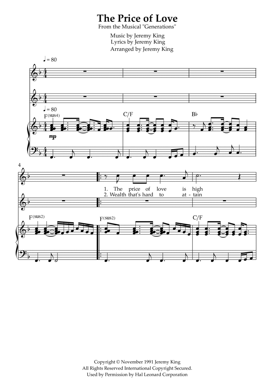 The Price of Love The Price of Love Piano, Vocal, Guitar scores gallery preview page 1