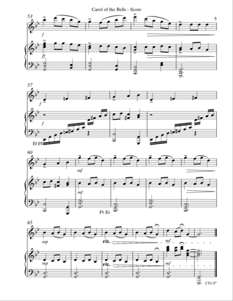 Carol of the Bells, Duet for Oboe and Pedal Harp Oboe scores gallery preview page 5