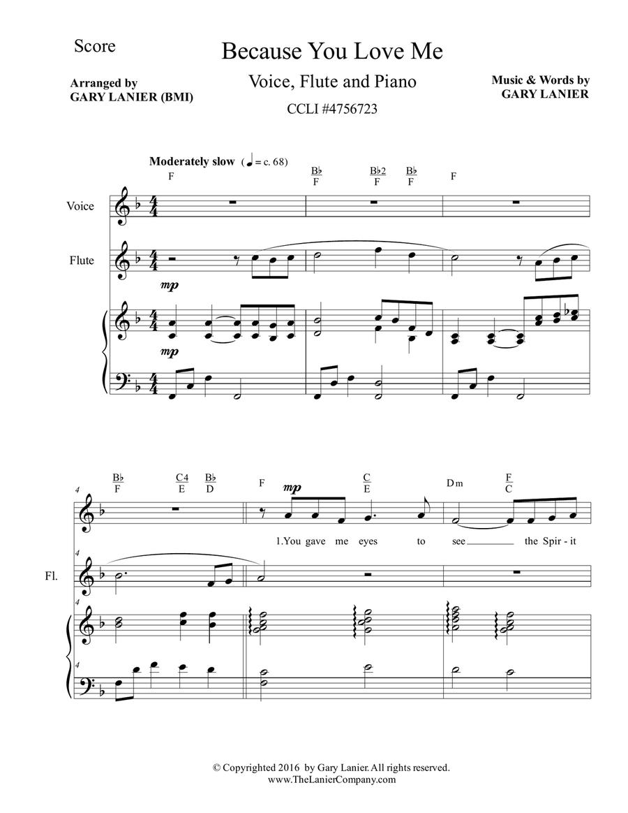 Gary Lanier: BECAUSE YOU LOVE ME (Worship - For Voice, Flute and Piano) Flute scores gallery preview page 2
