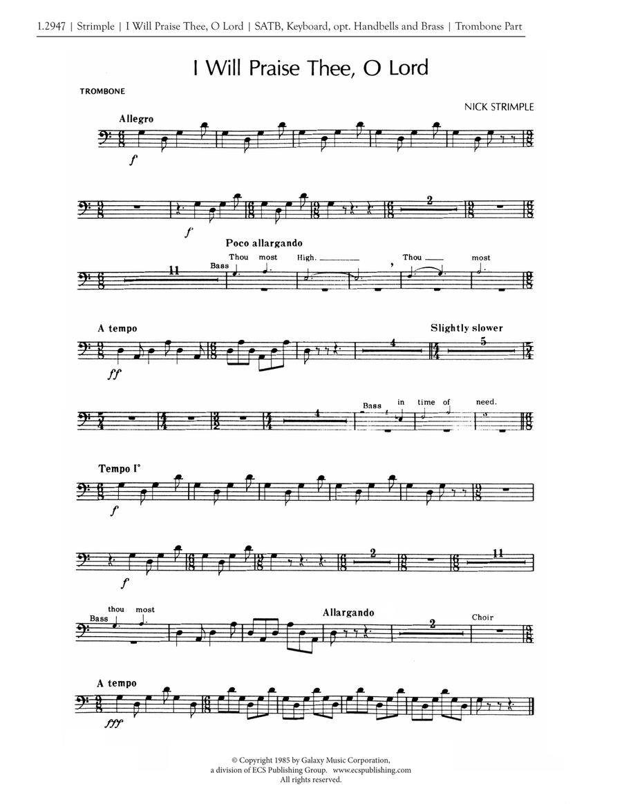 I Will Praise Thee, O Lord (Brass Parts)