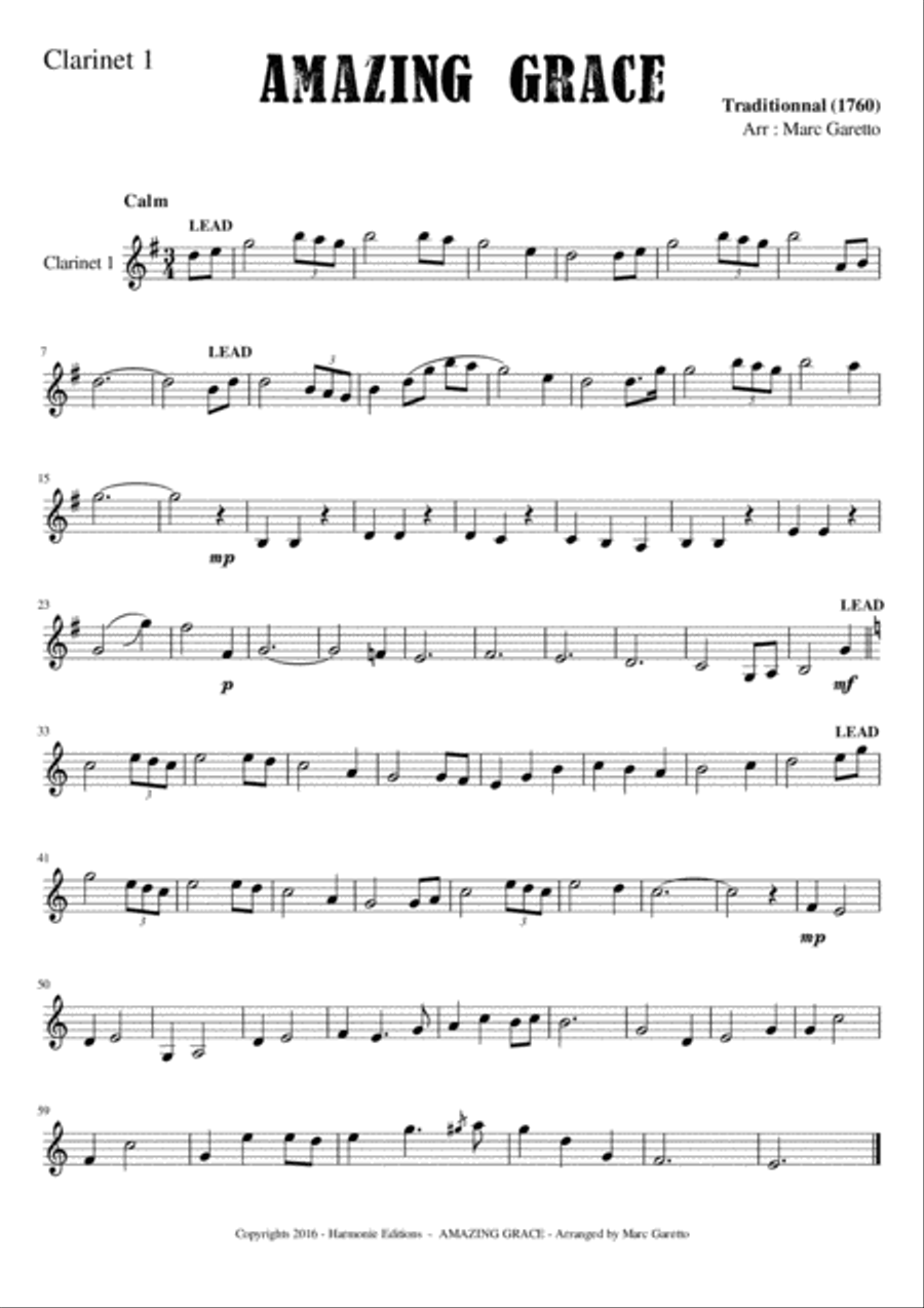 AMAZING GRACE - Traditionnal - for CLARINET Quartet - Arranged by Marc Garetto Clarinet Quartet scores gallery preview page 6