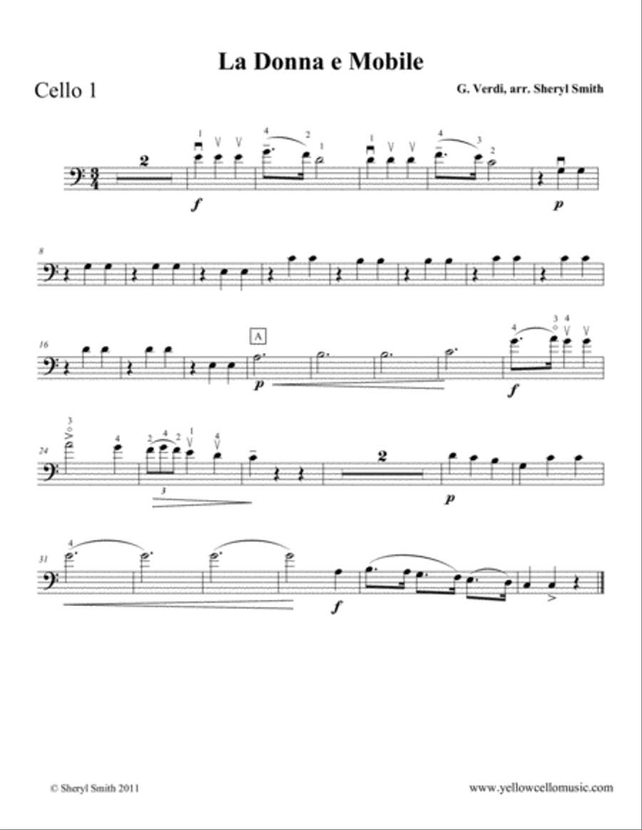 La Donna E Mobile from Rigoletto arranged for four beginner cellos (cello quartet) Cello scores gallery preview page 3