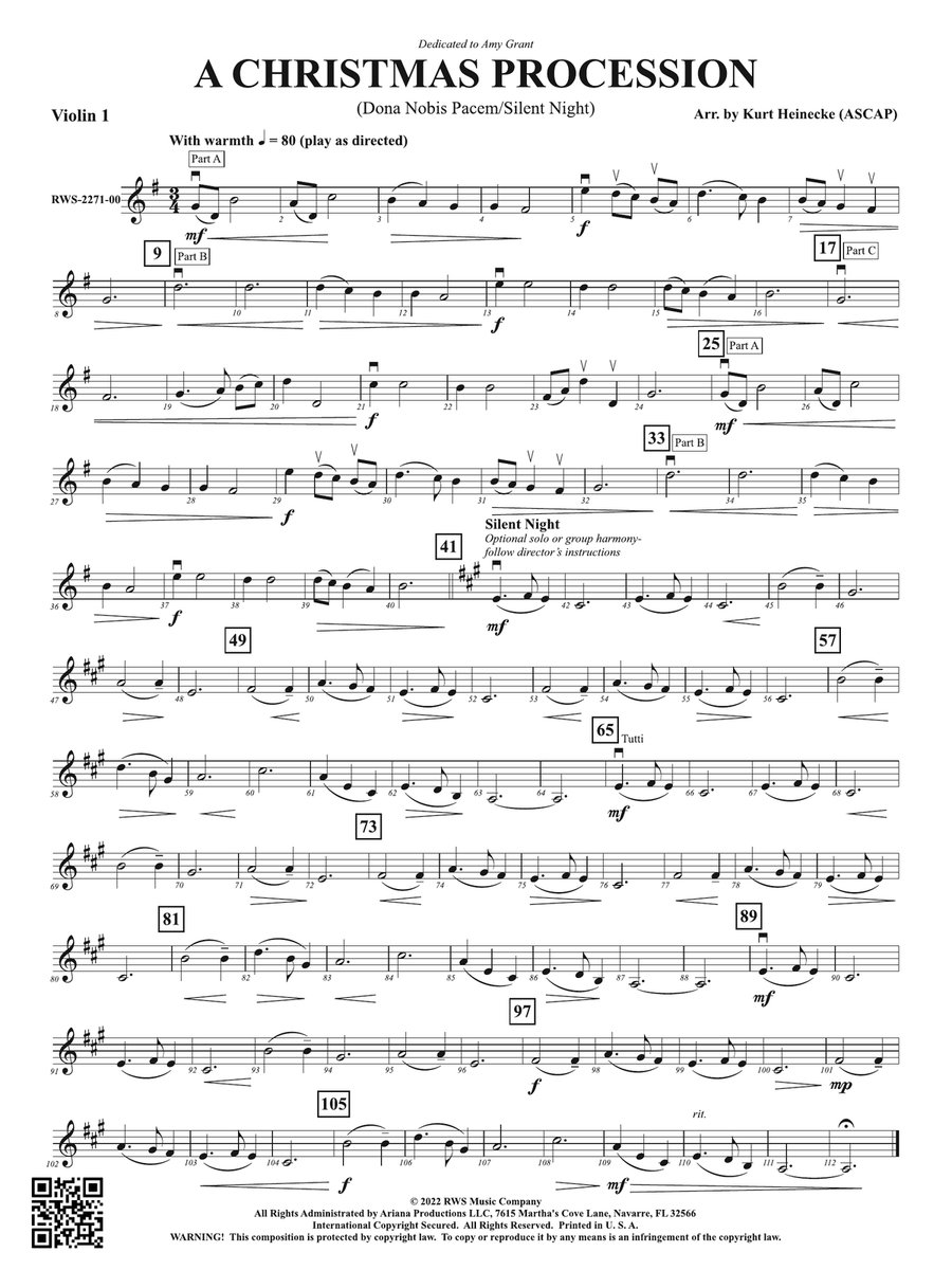 A Christmas Procession - Dona Nobis Pacem / Silent Night: 1st Violin Violin scores gallery preview page 1
