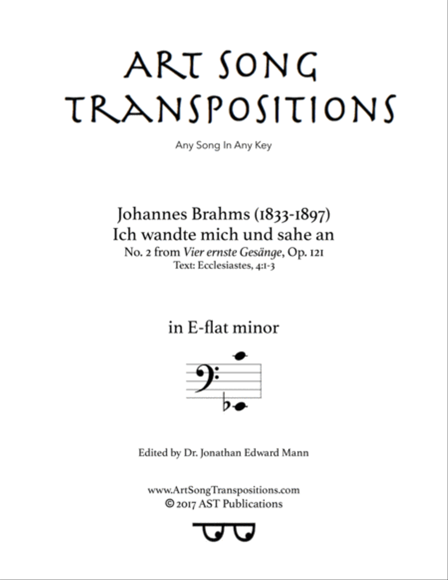 BRAHMS: Ich wandte mich und sahe an, Op. 121 no. 2 (transposed to E-flat minor, bass clef) Voice scores gallery preview page 1