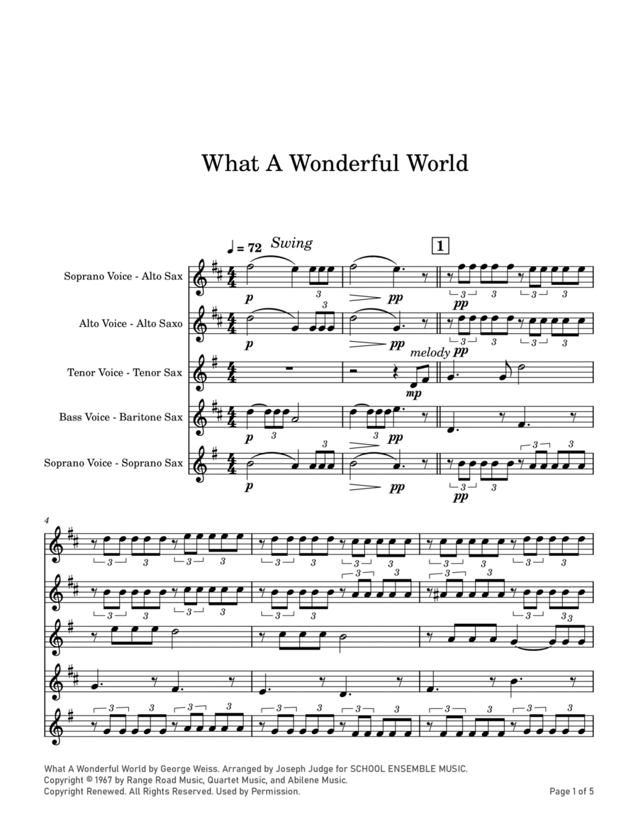 What A Wonderful World Saxophone Quartet scores gallery preview page 1
