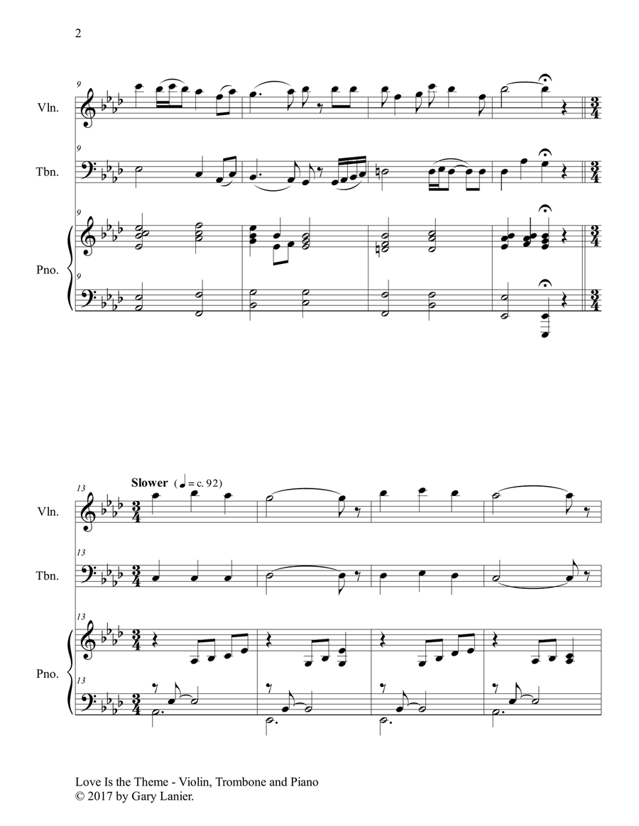 LOVE IS THE THEME (Trio – Violin, Trombone & Piano with Score/Parts) Trombone Trio scores gallery preview page 3