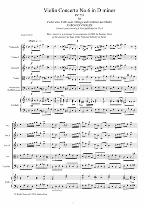 Book cover for Vivaldi - Concerto No.6 in D minor RV 239 Op.6 for Violin, Strings and Continuo
