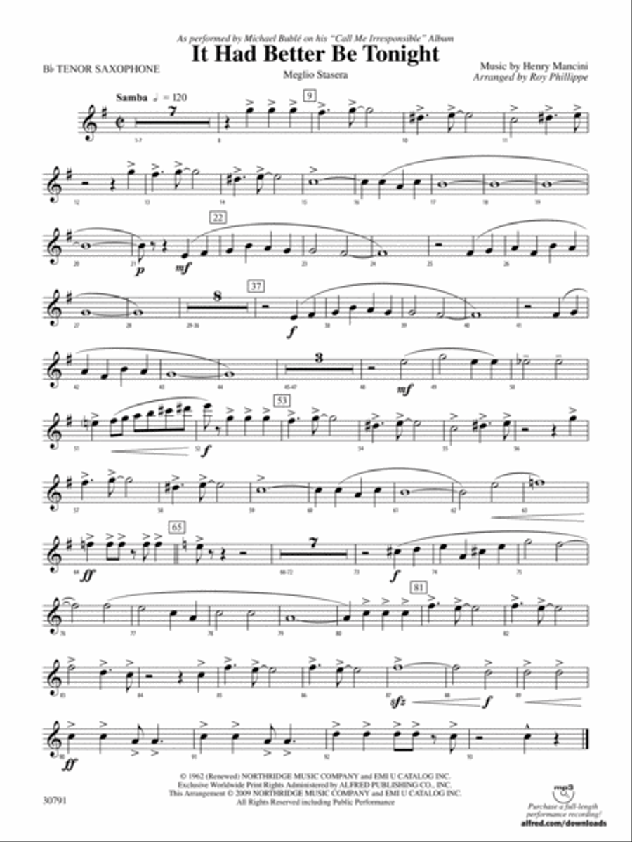 It Had Better Be Tonight (Meglio Stasera): B-flat Tenor Saxophone Concert Band scores gallery preview page 1