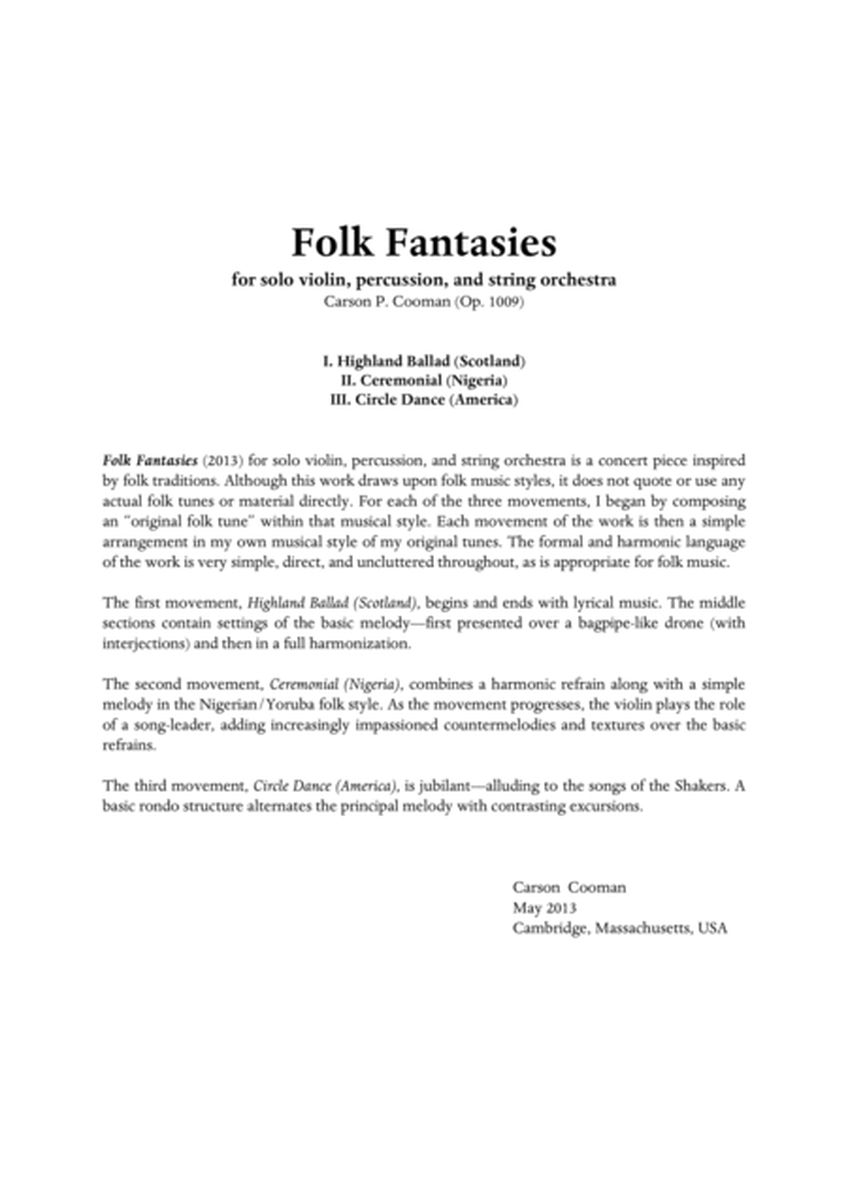Carson Cooman: Folk Fantasies for solo violin, percussion, and string orchestra, score and complete