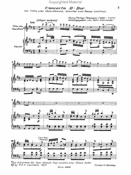 Concerto D-Dur fur Flute (Oboe d'amore), Streicher und Basso continuo