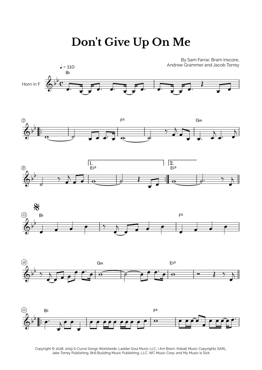 Don't Give Up On Me Don't Give Up On Me Horn Solo scores gallery preview page 1