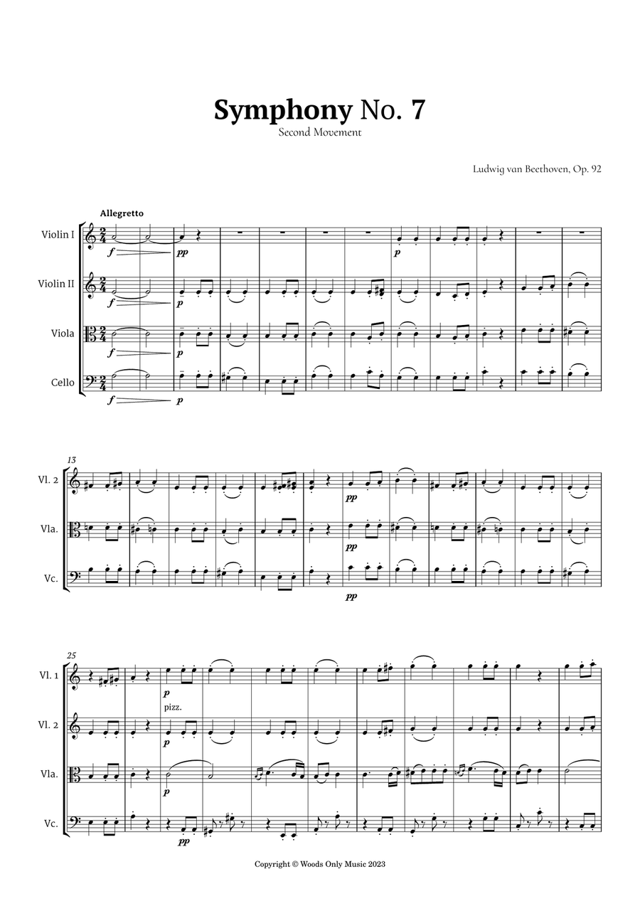 2nd Movement of Symphony No. 7 by Beethoven for String Quartet String Quartet scores gallery preview page 2