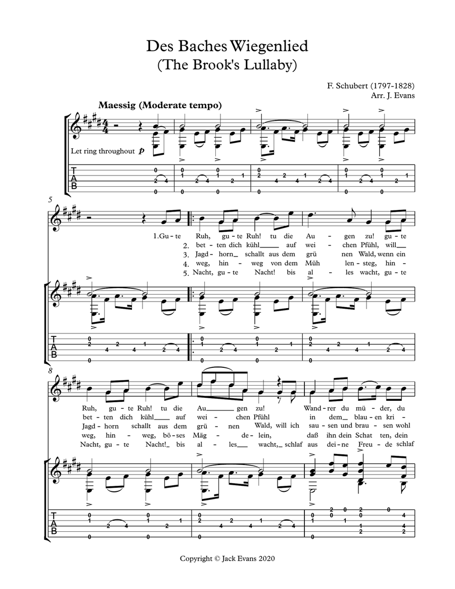 Schubert- Des Baches Wiegenlied for voice and guitar Small Ensemble scores gallery preview page 1