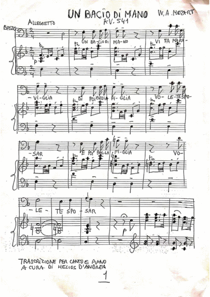Mozart Un bacio di mano voice and piano