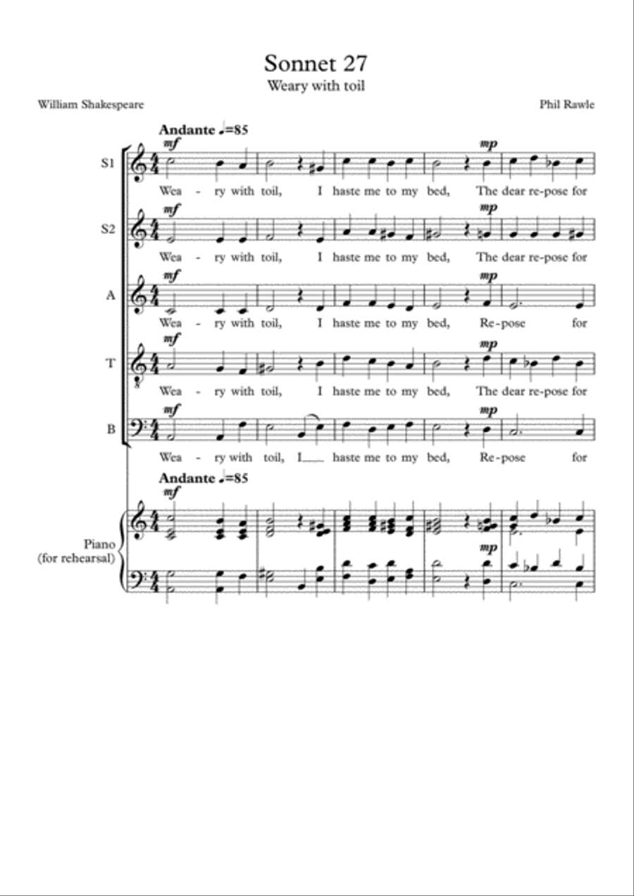 Sonnet 27 - Weary With Toil Choir scores gallery preview page 1