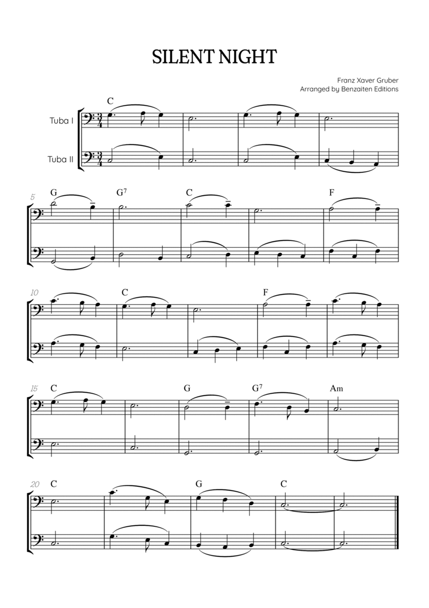 Silent Night for tuba duet • easy Christmas song sheet music (w/ chords) image number null