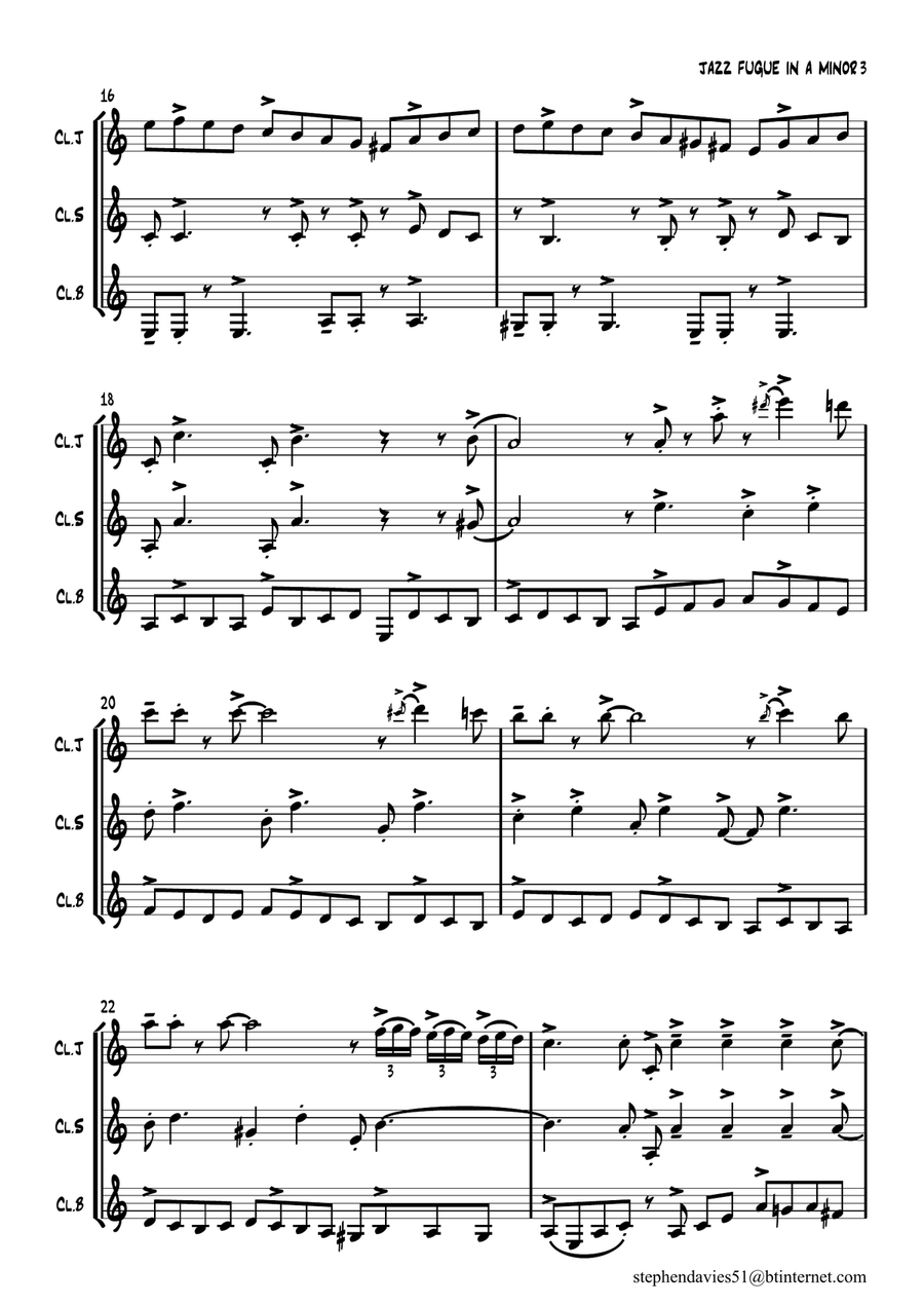 'Jazz Fugue in A Minor' based on BWV944 by J.S.Bach for Clarinet Trio. Clarinet Trio scores gallery preview page 3