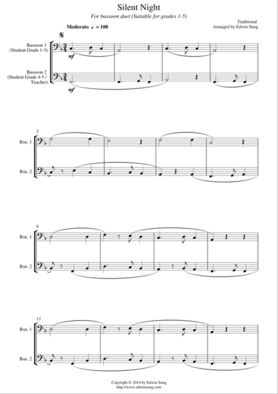 Silent Night (for bassoon duet, suitable for grades 1-5) Woodwind Duet scores gallery preview page 1