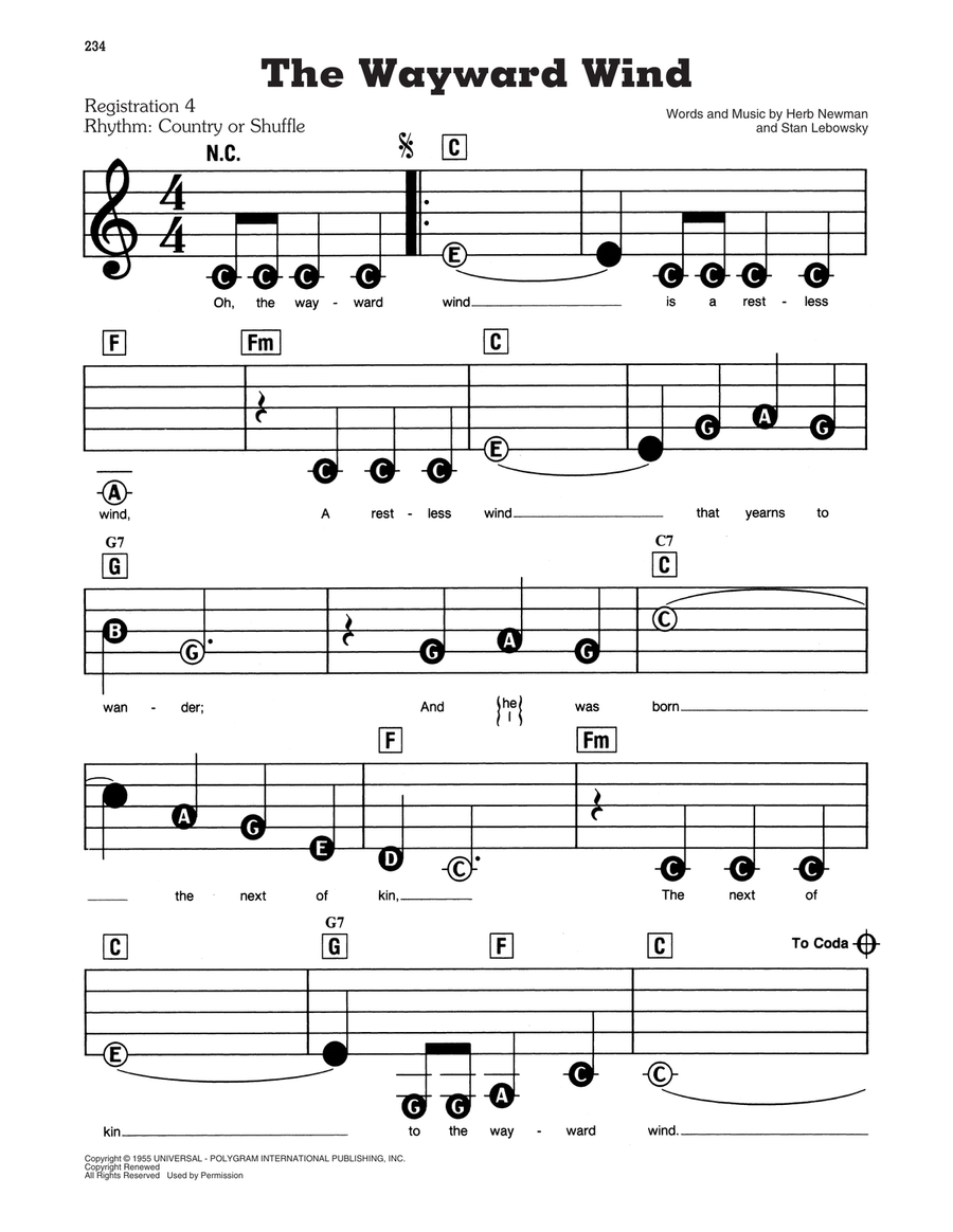 The Wayward Wind Electronic Keyboard scores gallery preview page 1