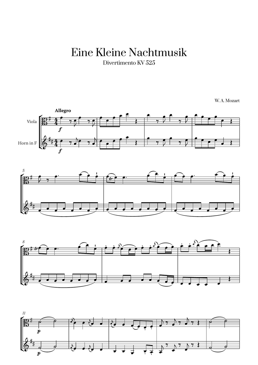 W. A. Mozart - Eine Kleine Nachtmusik (for Viola and French Horn) Horn scores gallery preview page 1